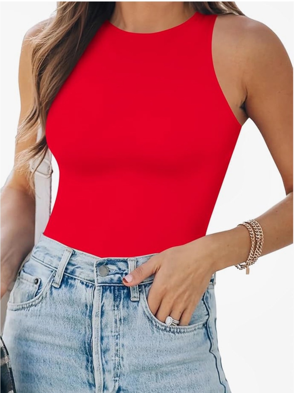 Sleek Red Sleeveless Bodysuit - Women’s Fitted Tank